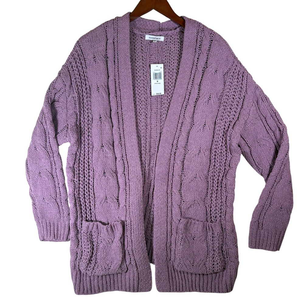 Hooked Up Purple Cable Knit Open Front Cardigan Sweater Valerian Medium NWT Cozy